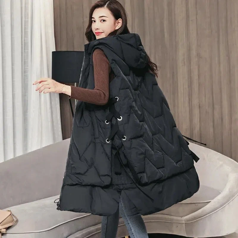 

Autumn and Winter New Retro Hooded Down Cotton Vest Women's Mid-Long 2022 Vest Vest Jacket Outwear Waistcoat Sleeveless Coat