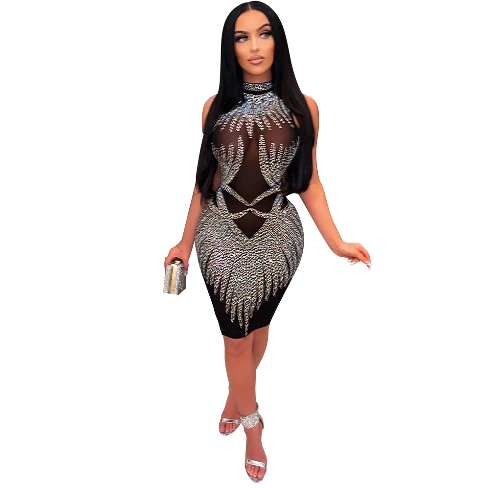 

Hot Sale New Casual Women Sexy Black Rhinestone Fashion Sleeveless Halter Club Dress Mesh Mini Dress