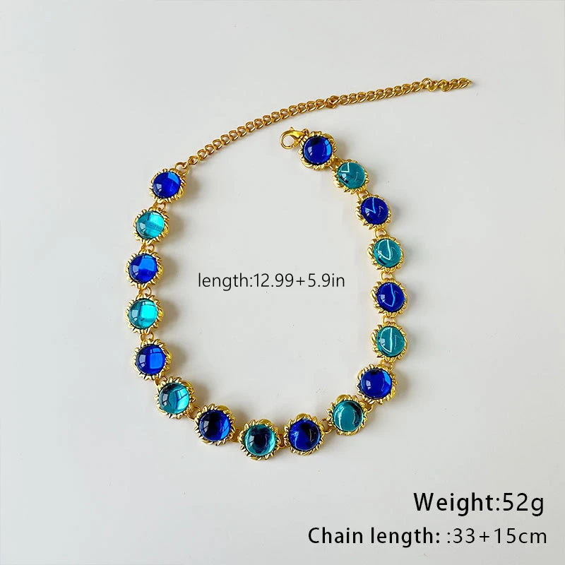 Medieval Retro Neckchain Necklace Vintage Big Blue Beaded Chain Choker Necklaces for Women French Necklace Collar Jewelry Party