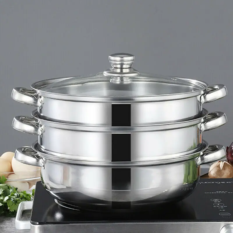 

Stainless Steel Steamer 3 Tier Layer Soup Pot Set Kitchen Cookware Food Veg Steam Pan with Glass Lid Gas Stove Furnace Steamer
