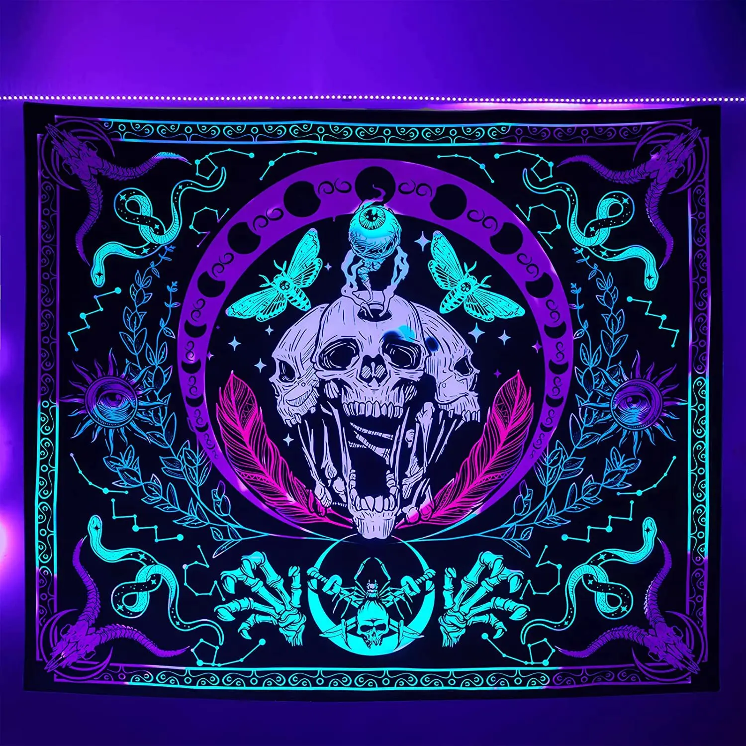 Skull Blacklight Tapestry UV Reactive Skeleton Halloween Tapiz Glow In The Dark Trippy Wall Hanging Home Decoration Room Decor