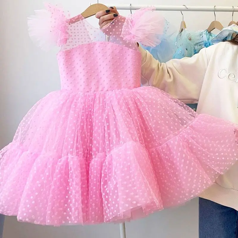 4-10T Girls Fluffy Princess Dress Girl Dots Ruffle Sleeve Tulle Tutu Gown Flower Girls Dresses For Wedding Kids Birthday Clothes