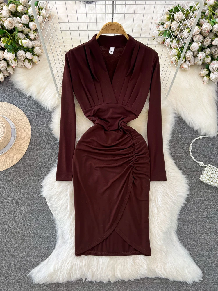 

Foamlina Korean Fashion Women Spring Autumn Dress Elegant Solid V Neck Long Sleeve High Waist Pleated Bodycon Midi Party Dress