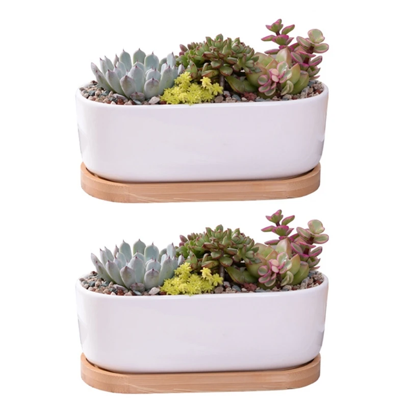 

KX4B 2pcs Succulent Planter Ceramic Flower Pot with Bamboo Tray Drainage Holes for Indoor Outdoor Decoration