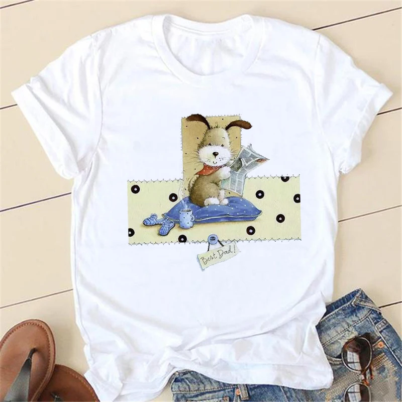 

Женская модная повседневная футболка с мультяшным принтом милой собаки, женские футболки с графическим принтом, уличная одежда, Белые Прос...