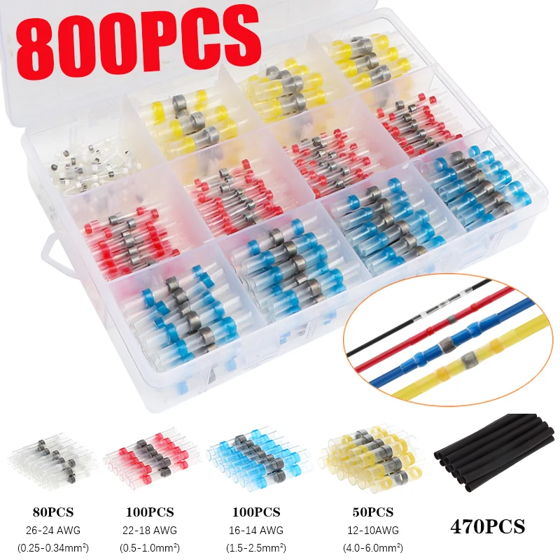 

800PCS Heat Shrink Butt Crimp Terminals Waterproof Solder Seal Electrical Connectors Wire Cable Splice Automotive Marine
