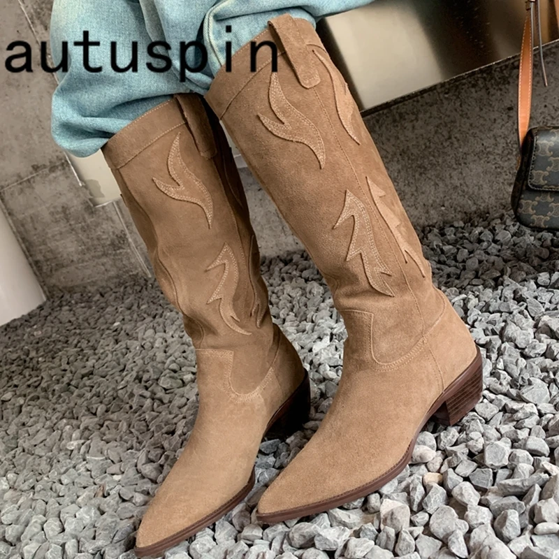 

Autuspin Retro Western Knee-high Boots Women Four Season Pointed Toe Suede Leather Thick Heels Ladies Party Casual Shoes Woman