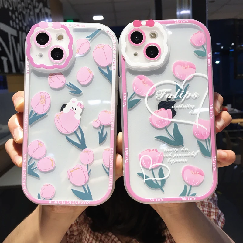 

Case For iPhone 13 Shockproof Clear Soft Silicone Cover For iPhone 13 11 12Pro XS Max XR X Cute Bow Pink Flowers Love Cases