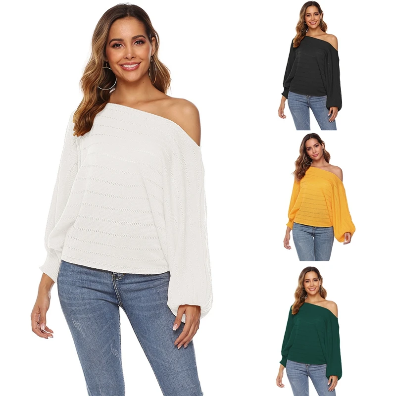 

Женский осенне-зимний вязаный свитер, Сексуальная рубашка с воротником-лодочкой и длинными рукавами-фонариками, свободный свитер