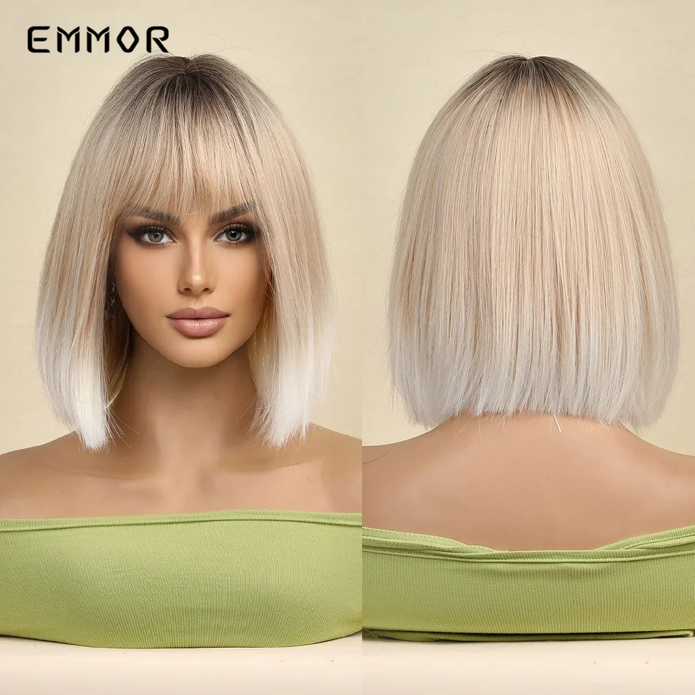 

Emmor Synthetic Ombre Black to Light Blonde Wig With Bangs Bobo Hair Wigs Cosplay Natural Heat Resistant Wigs for Women Wig