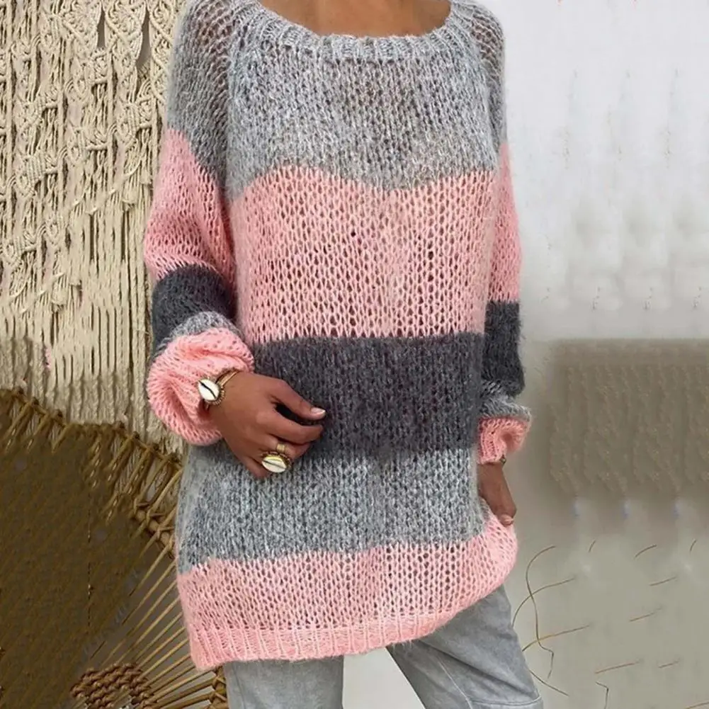 

O-Neck Long Sleeve Coldproof Knitted Sweater Striped Patchwork Hollow Crochet Women Sweater Elastic Thick Pullover Sweater