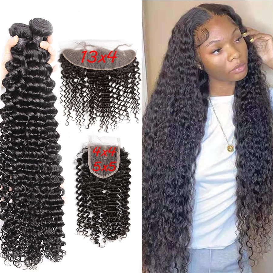 Deep Wave Brazilian Virgin Human Hair Bundles With Frontal 30 inch 3 4 Bundles With Lace Closure 4x4 5x5 Raw Hair Weave Bundles