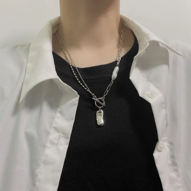 

ALLNEWME Minimalist Irregular Geometric Metallic Faux Pearl Pendant Necklace for Women Asymmetry Toggle Clasp Necklace Jewellery
