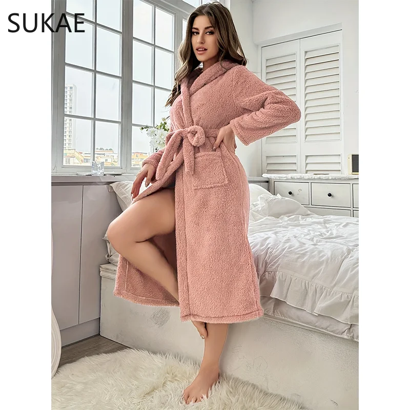 SUKAE зимние женские халаты теплые Коралловые платья с капюшоном толстовки халат