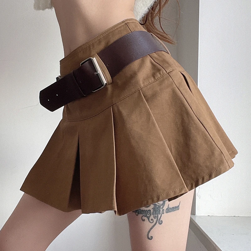 

Женская плиссированная мини-юбка в стиле Харадзюку, коричневая Повседневная винтажная мини-юбка с поясом и высокой талией в стиле 90-х годов,...