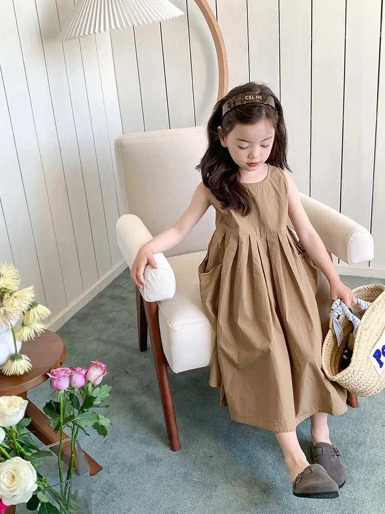 

Корейский стиль, детское платье, Новинка лета 2023, модное платье для девочек без рукавов, хлопковое детское однотонное платье без рукавов, платья принцессы