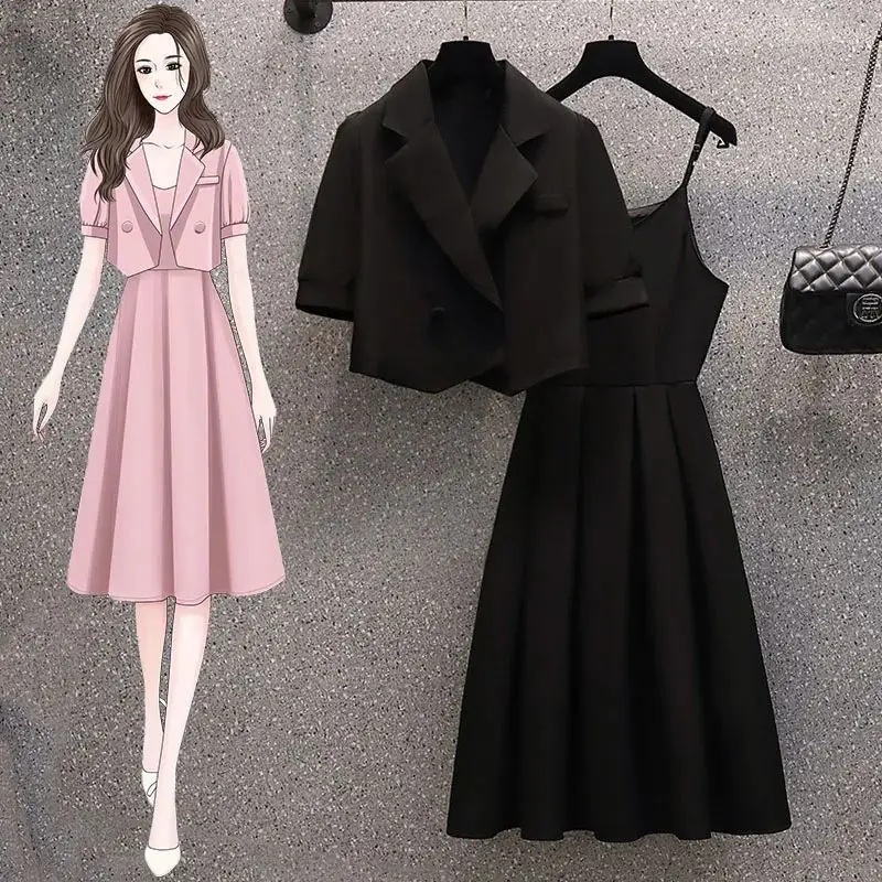 2023 Summer Korean Style Short Sleeve Slim Fit Jacket Blazer Strap Dress Two Piece Elegant Women's Party Dress Office Outfits