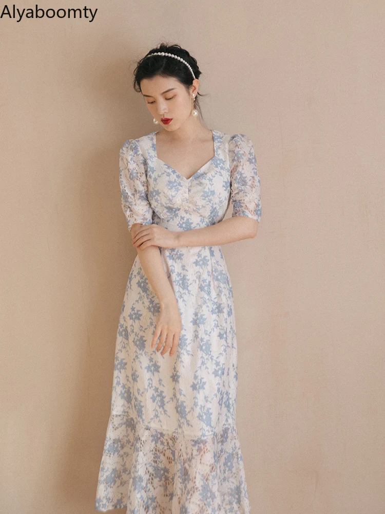 

Женское платье с юбкой годе, Элегантное Длинное платье во французском стиле с V-образным вырезом, цветочным принтом и пышными рукавами, обор...