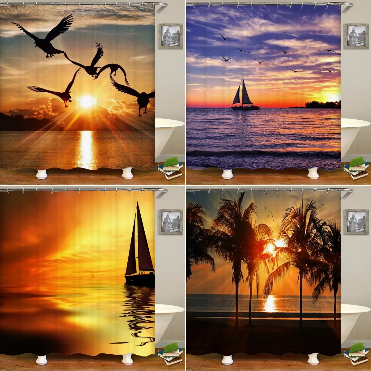 

Flying Bird Sailboat Sailing At Sea At Dusk Shower Curtain Sunset Landscape Bathroom Curtain Waterproof Fabric Bathroom Home Set