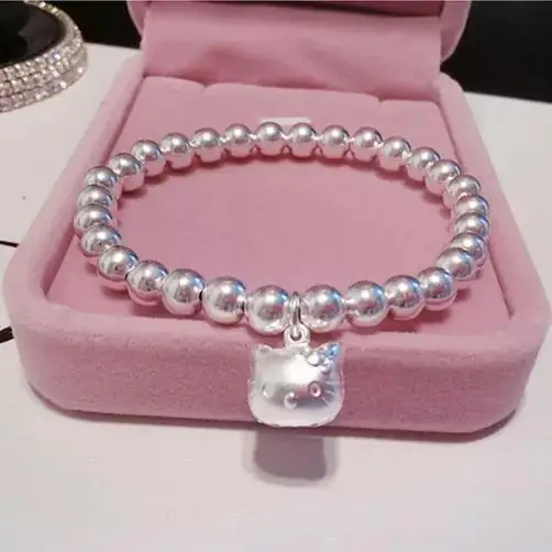 

TAKARA TOMY Cute Cartoon Hello Kitty Pendant Solid Silver Bead Transfer Bead Round Bead Baby Kids S990 Sterling Silver Bracelet
