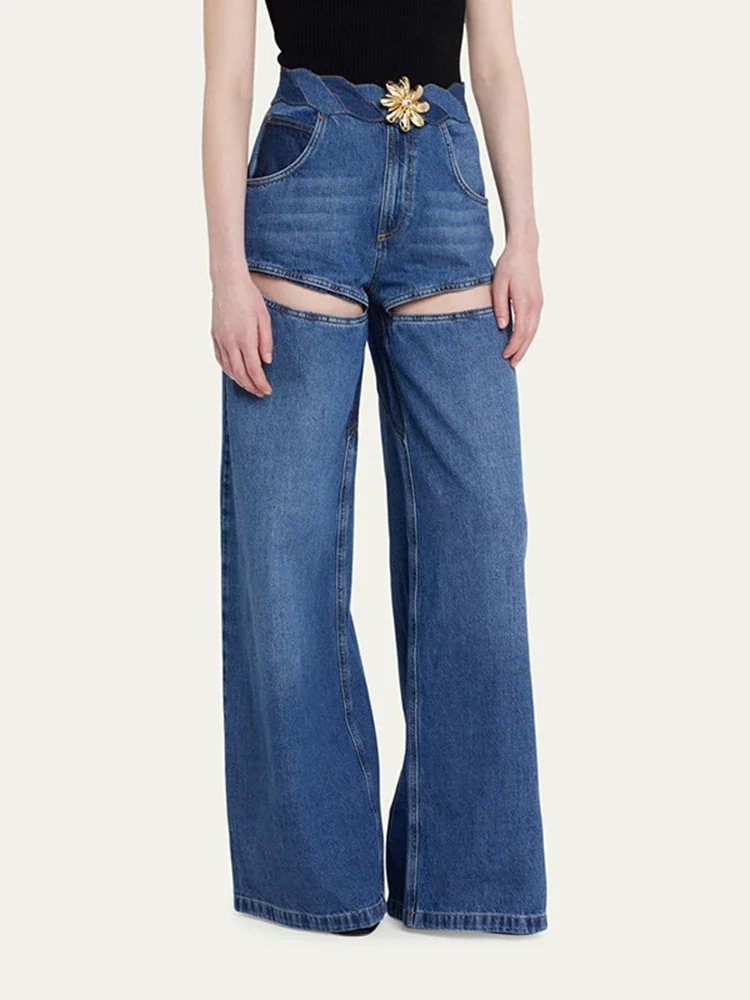 

Vintage Hollow Out Cross Wide Leg Denim Pants Streetwea Chic Fashion Straight Jeans Trousers Autumn 2023