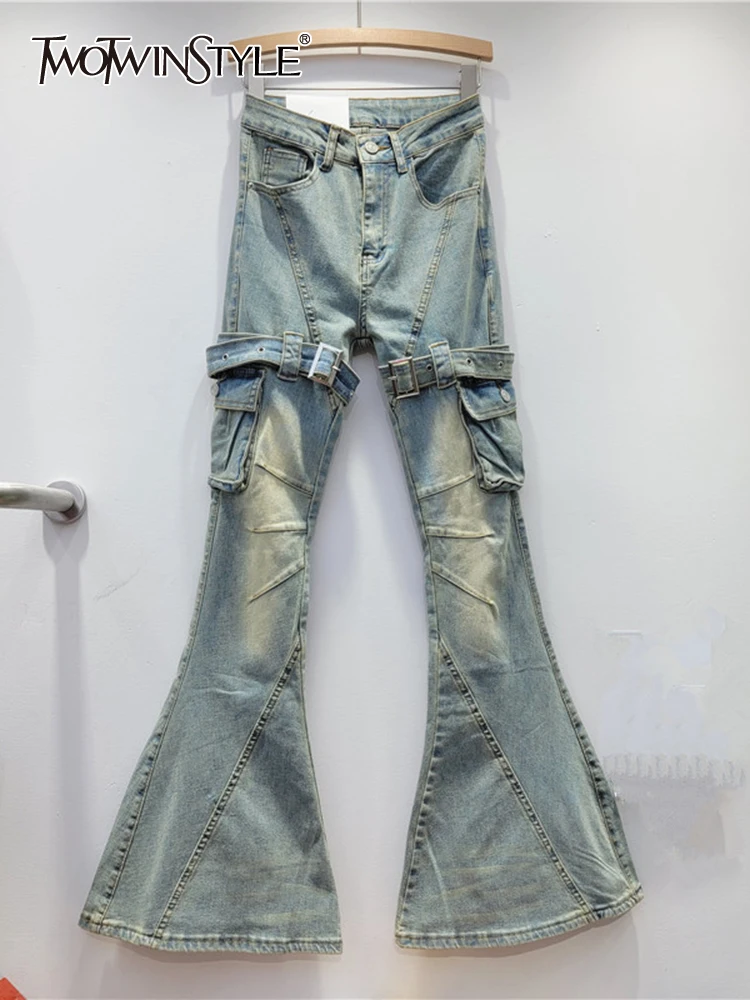 

Женские лоскутные джинсы TWOTWINSTYLE, повседневные джинсовые брюки с карманами и высокой талией, винтажные расклешенные джинсы