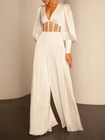 simple v neck puff sleeve belly hollow backless wide leg jumpsuits