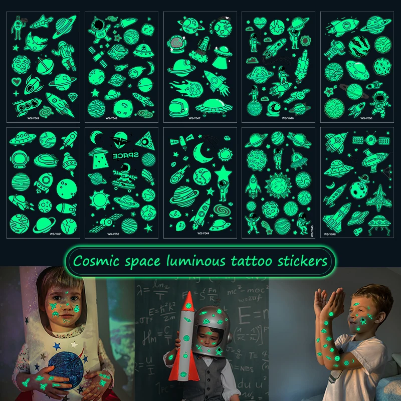 

10Pcs Luminous Tattoo Sticker Astronaut Theme Cartoon Stickers for Child's Arm Decoration Birthday Party Decor Kid Toy Gifts