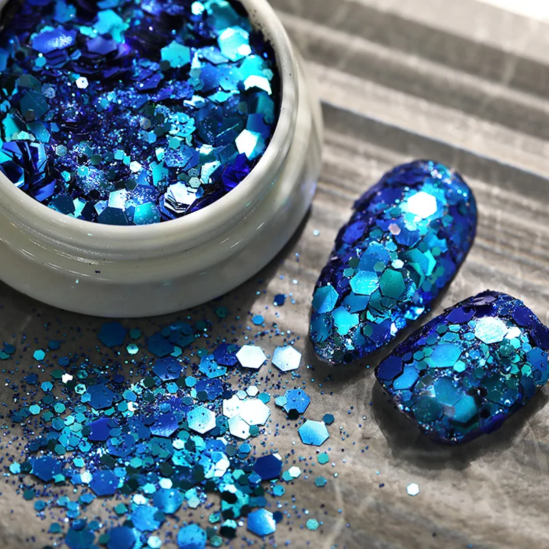 

1 Box Holographic Nail Glitter Sequins Glow In The Dark Sparking Shining Blue Sliver Flakes DIY Nail Art Gel Decoration Manicure