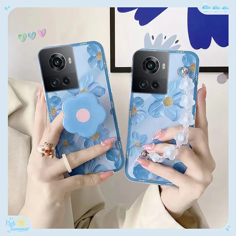 

Suitable For ONEPLUS ACE Phone Case Blue Oil Painting Flower Chain Soft Shell