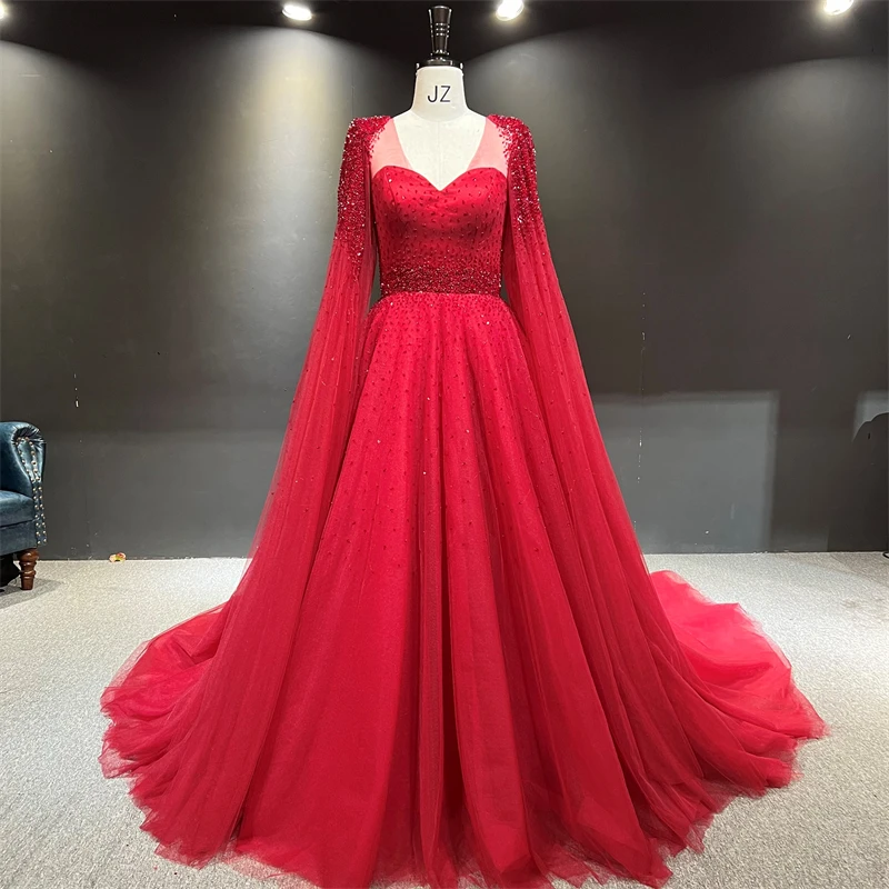 

100%Real Photos فستان سهرة Red Color Heavy Beads Long Shawl Big A-line Formal Party Bridal Evening Dresses vestido de noche