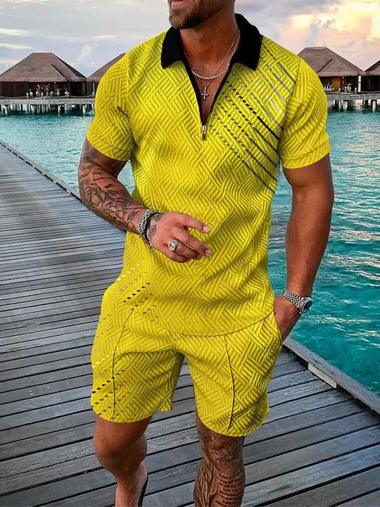 

Men's Suit 3D Color Stitching Print Summer Short Sleeve Polo Shirt Shorts Suit Fashion Zipper Polo Shirt Two Piece Set 2022 New