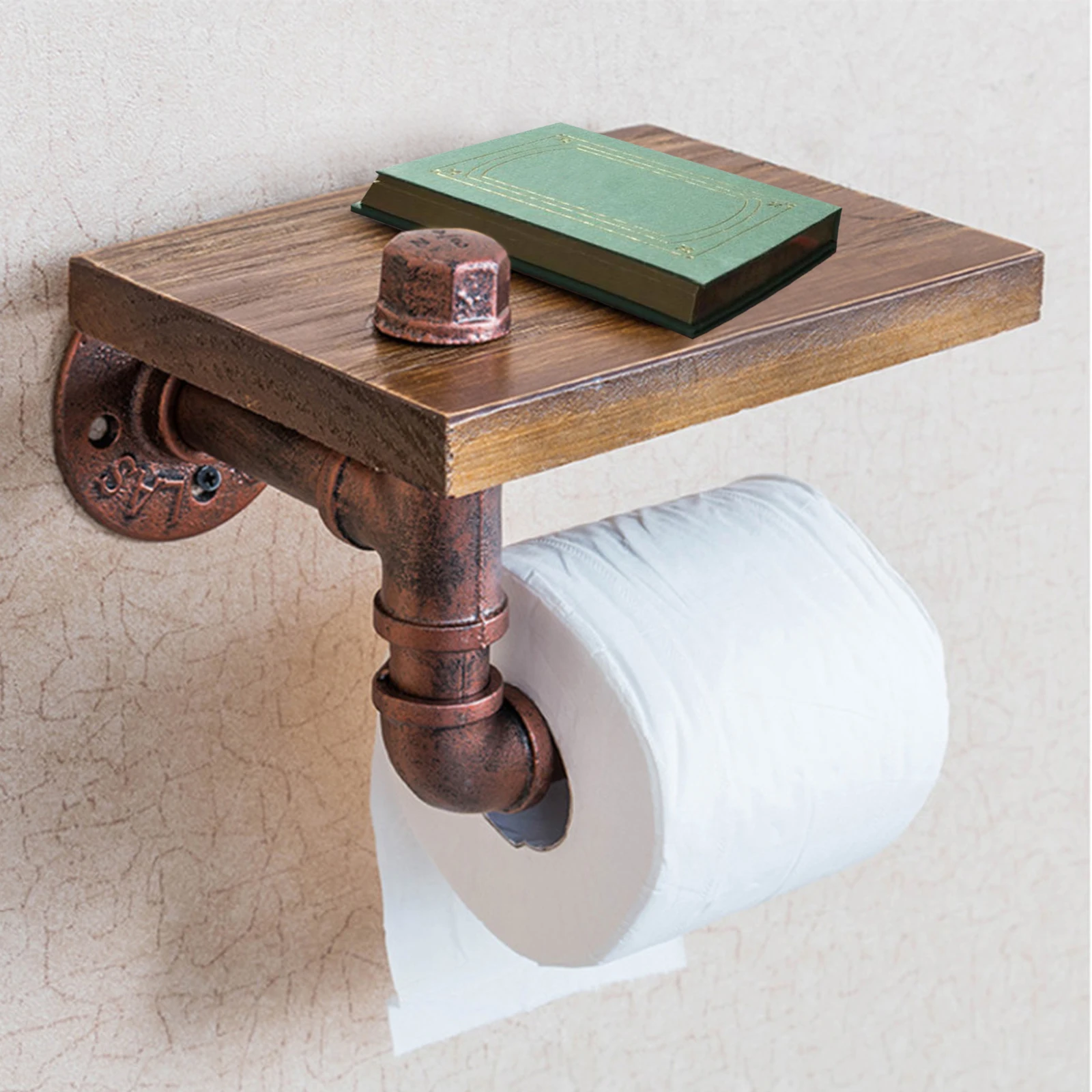 

Retro Iron Art Made Old Toilet Paper Holder Solid Wood Wall Mount Tissue Towel Roll Dispenser Shelf Bathroom Accessories