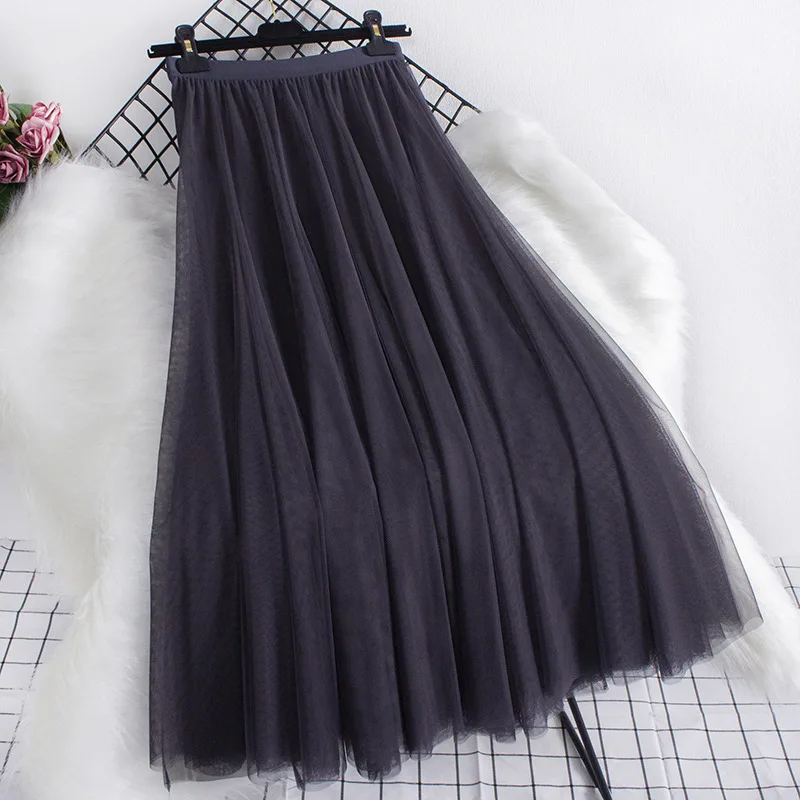 

2022 Big Hem Long Tulle Skirt Women Korean Casual Simple Solid 3 Layers A Line High Waist Maxi Skirt Female Lady Purple New