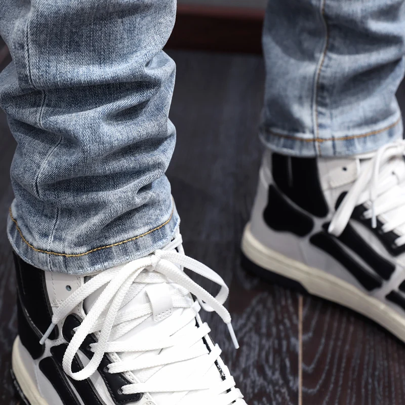 Fashion Streetwear Men Jeans Retro Blue Elastic Stretch Skinny Ripped Jeans Men Printed Patch Designer Hip Hop Brand Pants Homme