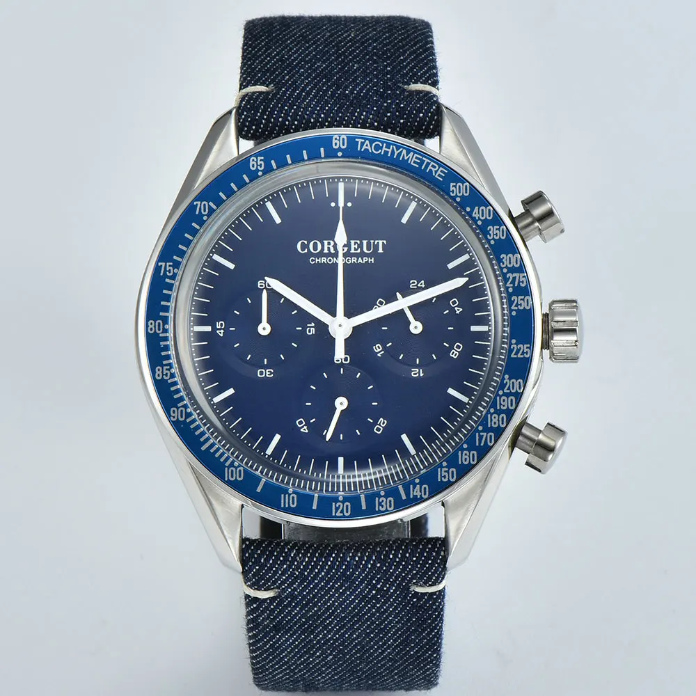 Corgeut 40MM Mens Chronograph Quartz Watch 24-Hour Multi-Function Stainless Steel   часы мужские Leather Sport Relogio Masculino