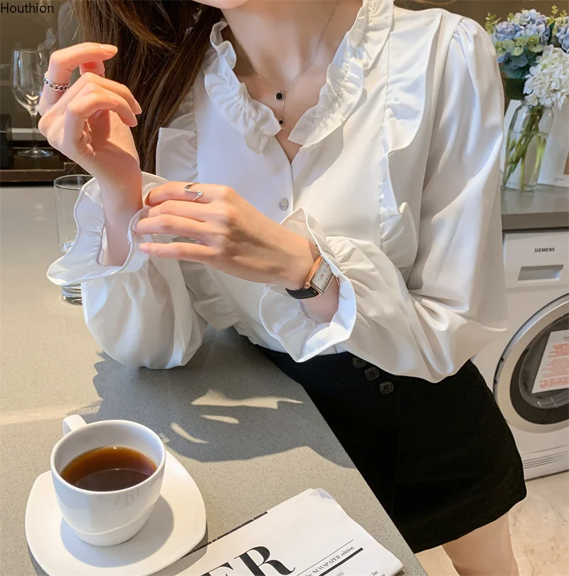 

Summer New Women's Blouses V-neck Shirt Long Sleeve Top Solid Girl Satin Casual Fashion Loose Female Clothing