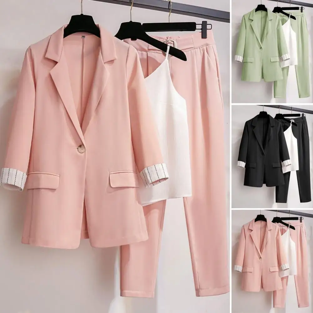 Elegant Anti-wrinkle Straight Notch Collar Women Business Outfit Single-button Women Business Outfit Women Garment