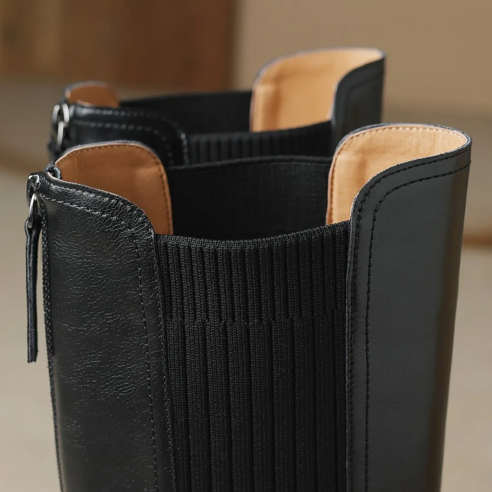 Женские сапоги до колена из натуральной кожи с острым носком на молнии сзади