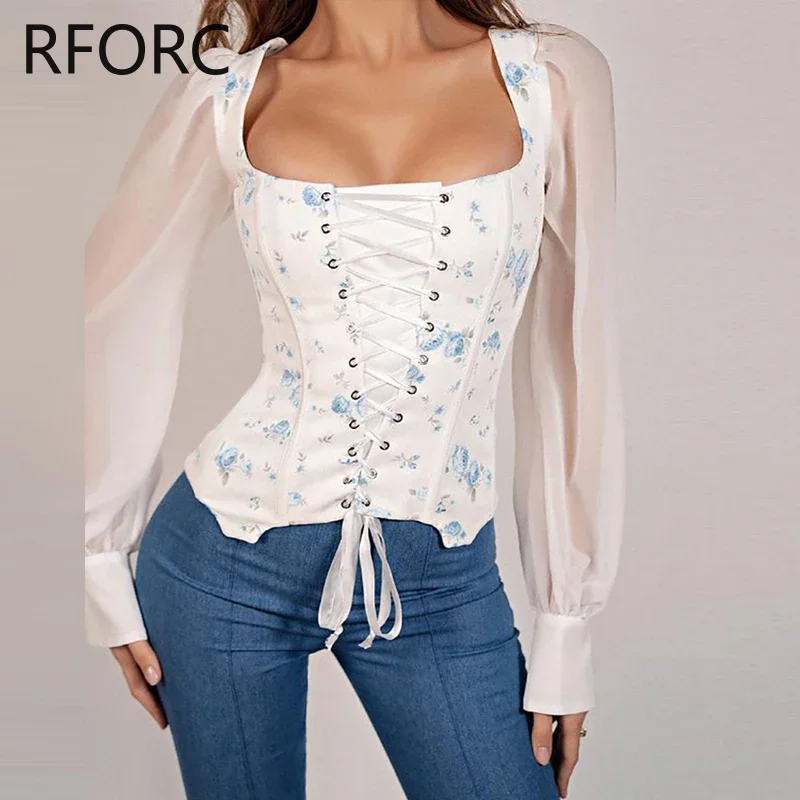 Женская шифоновая блузка с длинным рукавом-фонариком и квадратным вырезом