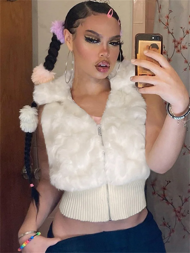 Уличная одежда Harajuku меховые куртки без рукавов на молнии шикарный Милый