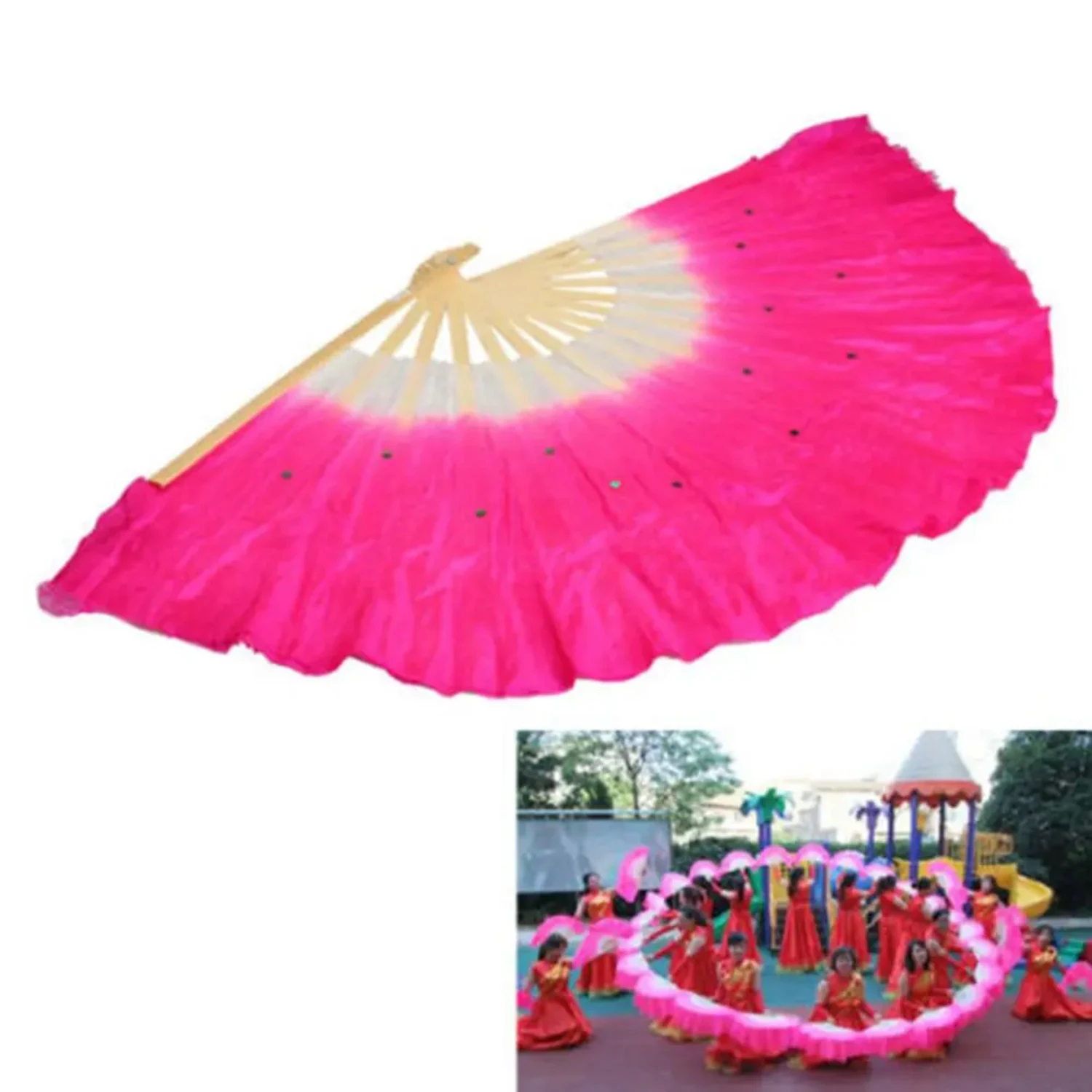 1Pcs Rose Silk Veil Fan Chinese Folk Art Half Circle Bamboo Useful Yangko Dance Party Supplies