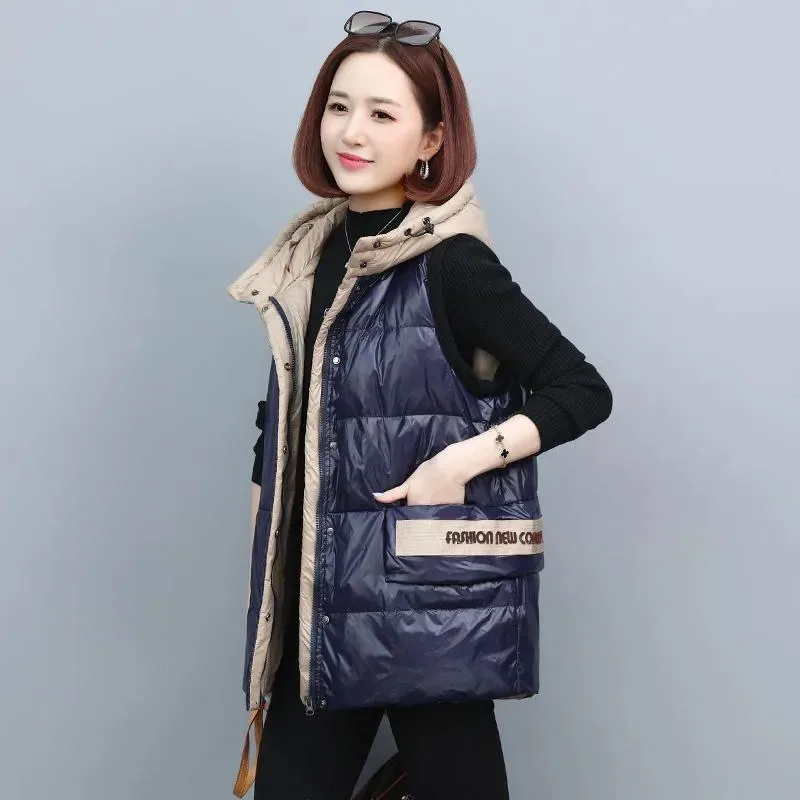 

New Women's Hooded Down Cotton Vest Autumn Winter Warm Hiking Ski Hooded Puffer Waistcoat Female Casual Sleeveless Cotton Jacket