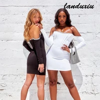 landuxiu 2022 new bandage dress long sleeve women mini crystal sexy off shoulder bodycon club party dress