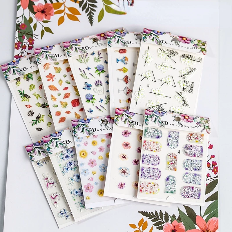 

1 Sheet Colorful Flower 5D Nail Art Stickers Relief Phototherapy Sweater Tree Green Creative DIY Slider White 3D Marble Style