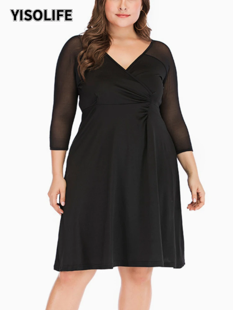 

Spring And Autumn V-neck Plus Size Elastic Dress Solid Color Mesh Panel Long Sleeve Nipped Waist Elegant Party Evening Dresses
