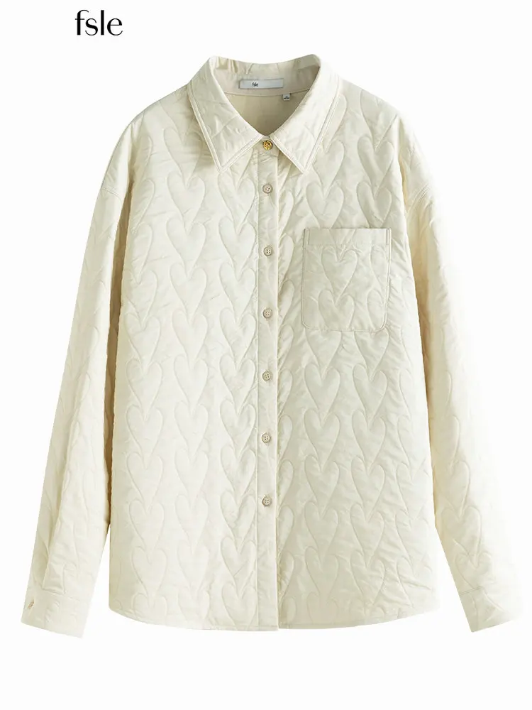 

FSLE Printed Textured Women Casual Shirt Beige All-Match Casual Winter Thicken Single Breasted Blouses Polo Neck Straight Shirts