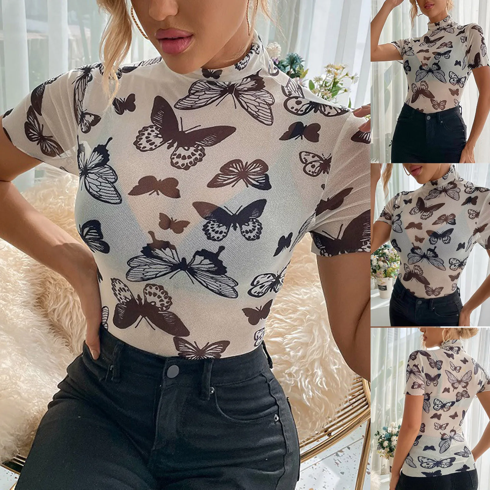 

Модный Женский приталенный дышащий пуловер с принтом средней высоты, темпераментная футболка, облегающие пуловеры с принтом, Женский Топ