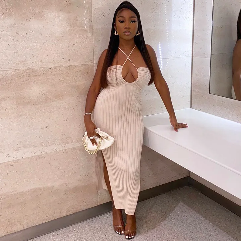 

Hot Lace Up Women Halter Stripe Knitted Midi Dress Side Slit Backless Bodycon Sexy Streetwear Party Clubwear Summer Clothes New