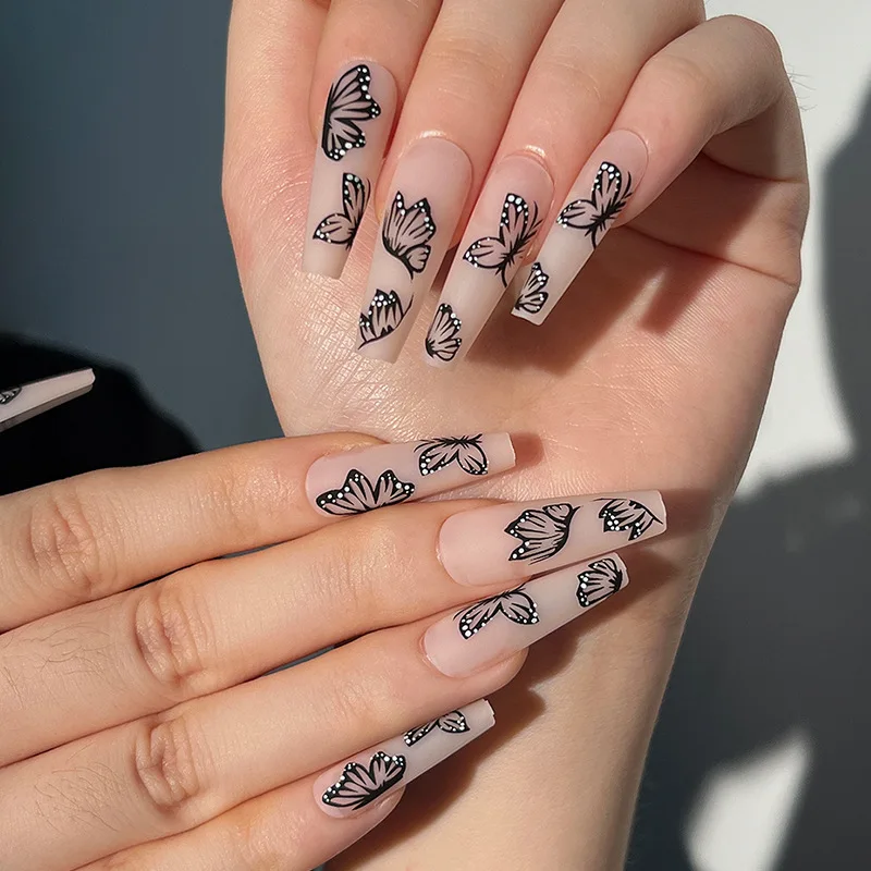 

24/pcs Artificial Fake Nails Long Ballet Nude Butterfly Detachable Wearable Full Cover Art Nail Art Press Nail Sticker